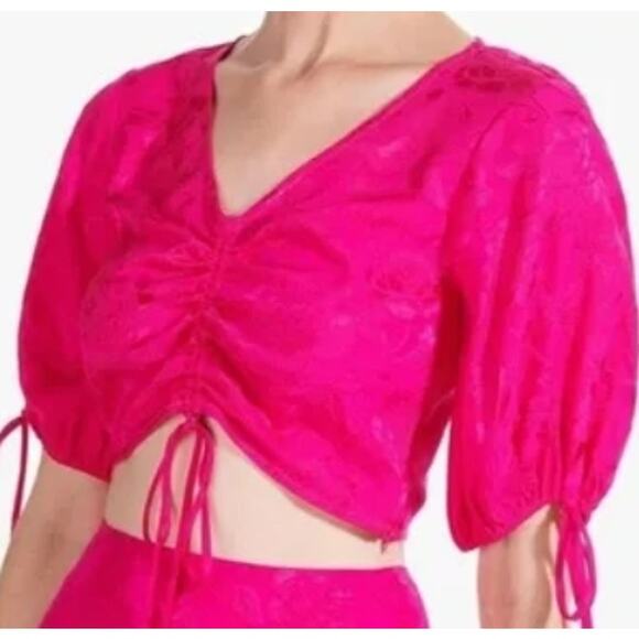 Staud Bloom Top V-Neck Ruched Drawstring Crop Top Size Large in Peony Pink NWT - Picture 3 of 7